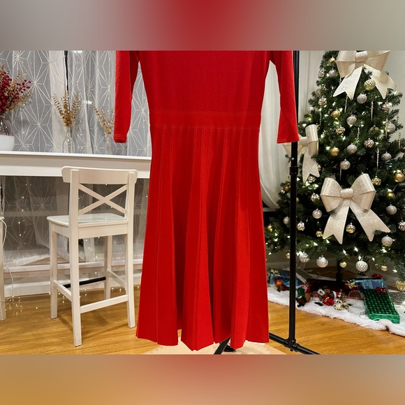 Ann Taylor Radiant Red: Pleated Skirt Dress with Three-Quarter Sleeves - Picture 3 of 5